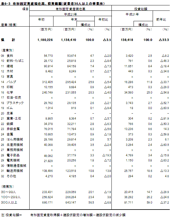 表6-3有形固定資産現在高、投資総額