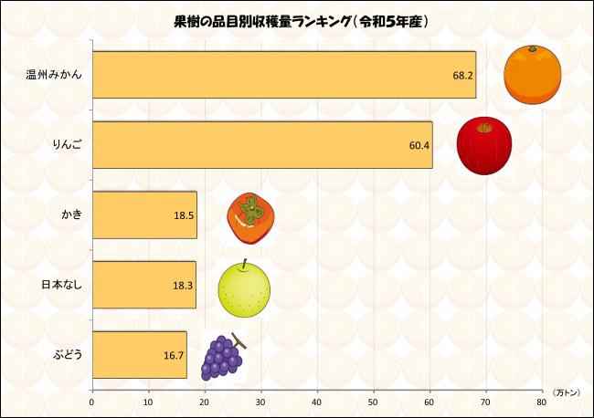 果樹の品目別収穫量ランキング (令和５年産)の画像
