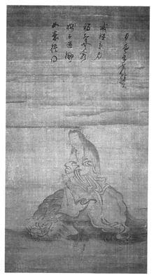 絹本墨画騎獅文殊図の画像